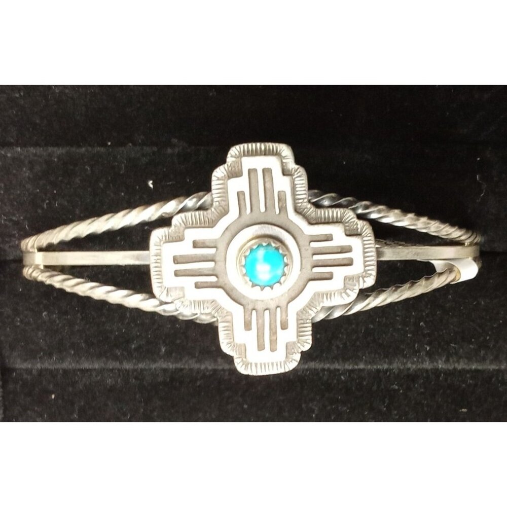 Sterling Silver Zia Cross Cuff Bracelet With Turquoise Stone Center